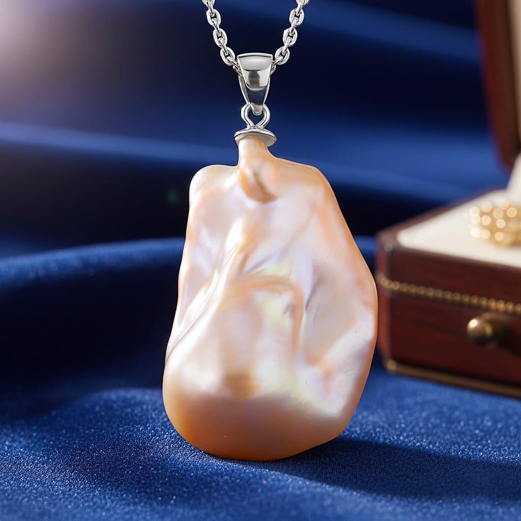 Peach Baroque Pearl Pendant with Chain (Size 20) in Rhodium Overlay Sterling Silver 30.00 Ct.
