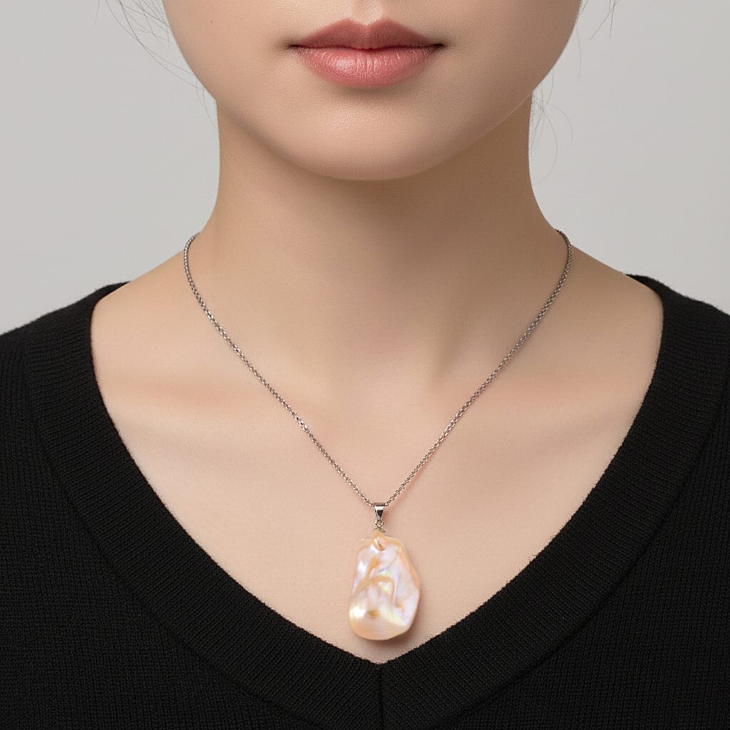 Peach Baroque Pearl Pendant with Chain (Size 20) in Rhodium Overlay Sterling Silver 30.00 Ct.