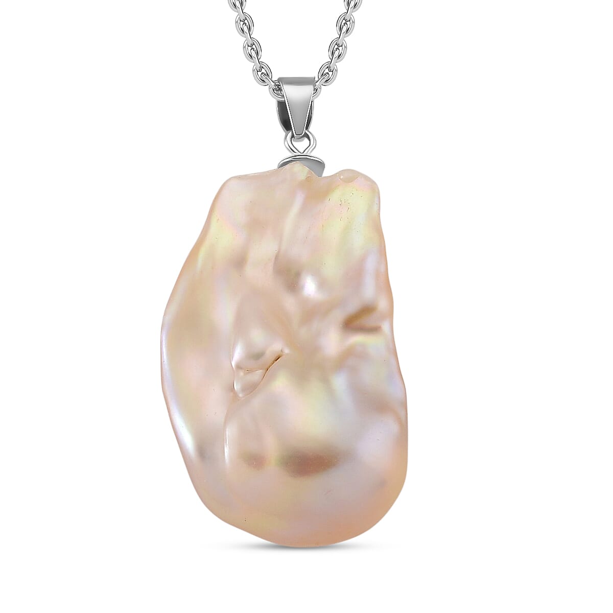 Peach Baroque Pearl Pendant with Chain (Size 20) in Rhodium Overlay Sterling Silver 30.00 Ct.