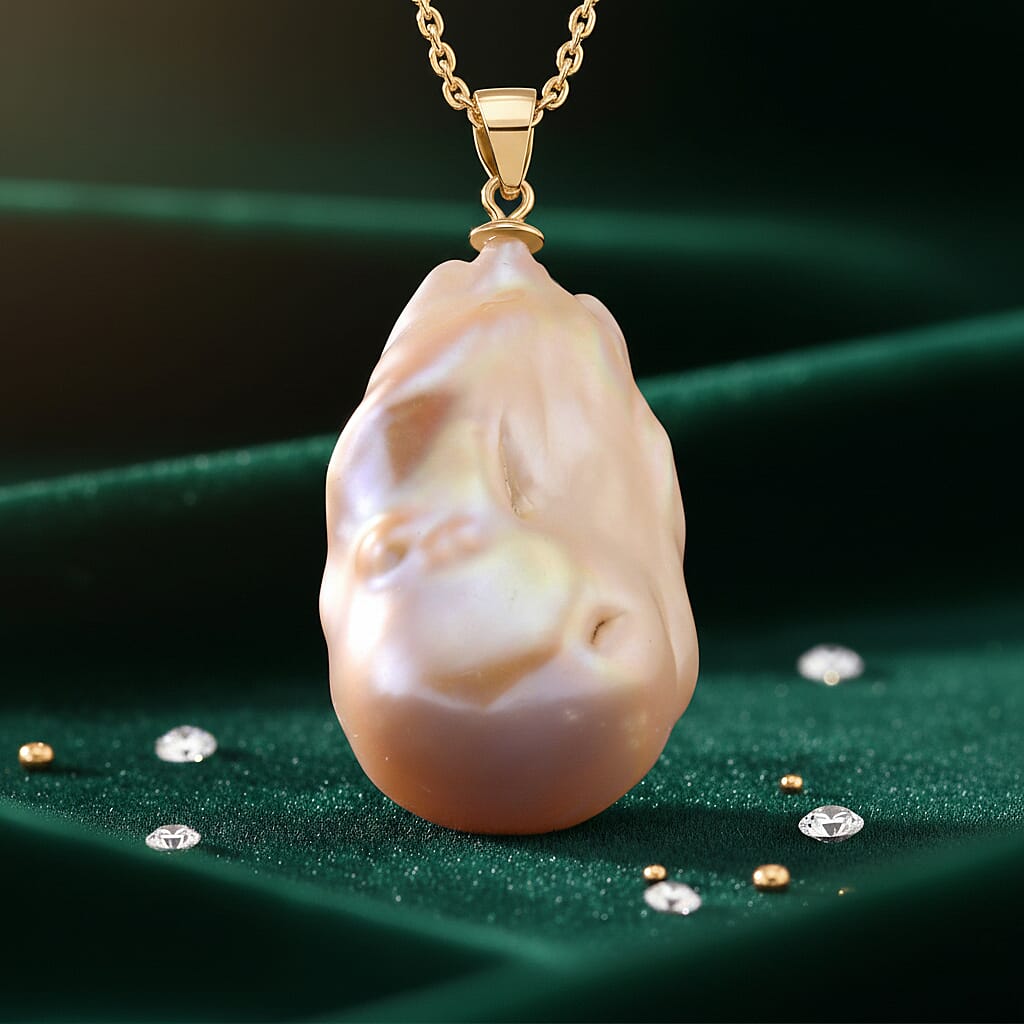 Peach Baroque Pearl Pendant with Chain (Size 20) in Yellow Gold Plated 37.50 Ct.