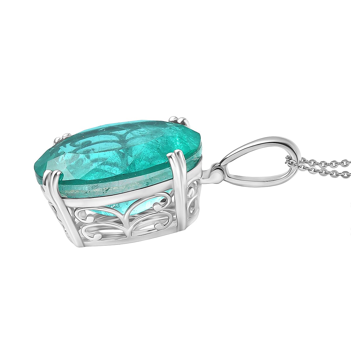 Emeraldine Triplet Quartz Pendant with Chain (Size 20) in Rhodium Overlay Sterling Silver  Wt. 5.5 Gms  25.000  Ct.