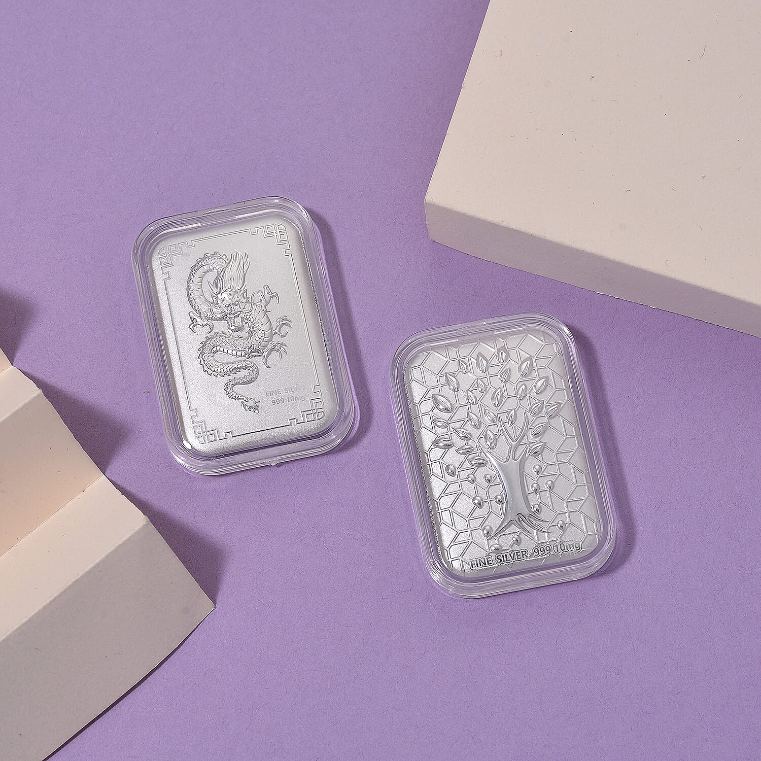 Embossed 999 Silver Dragon and Tree