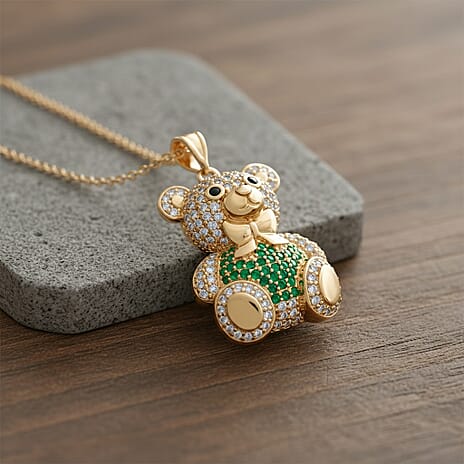 Designer Inspired-  Cubic Zirconia Teddy Bear Pendant with Chain (Size 20) in Yellow Gold Plated- Green