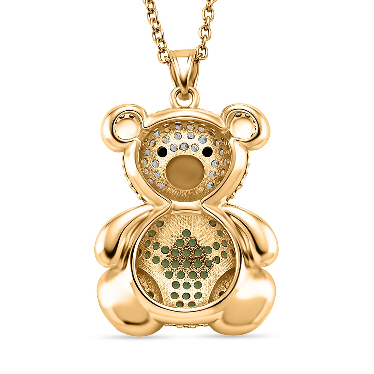 Designer Inspired-  Cubic Zirconia Teddy Bear Pendant with Chain (Size 20) in Yellow Gold Plated- Green