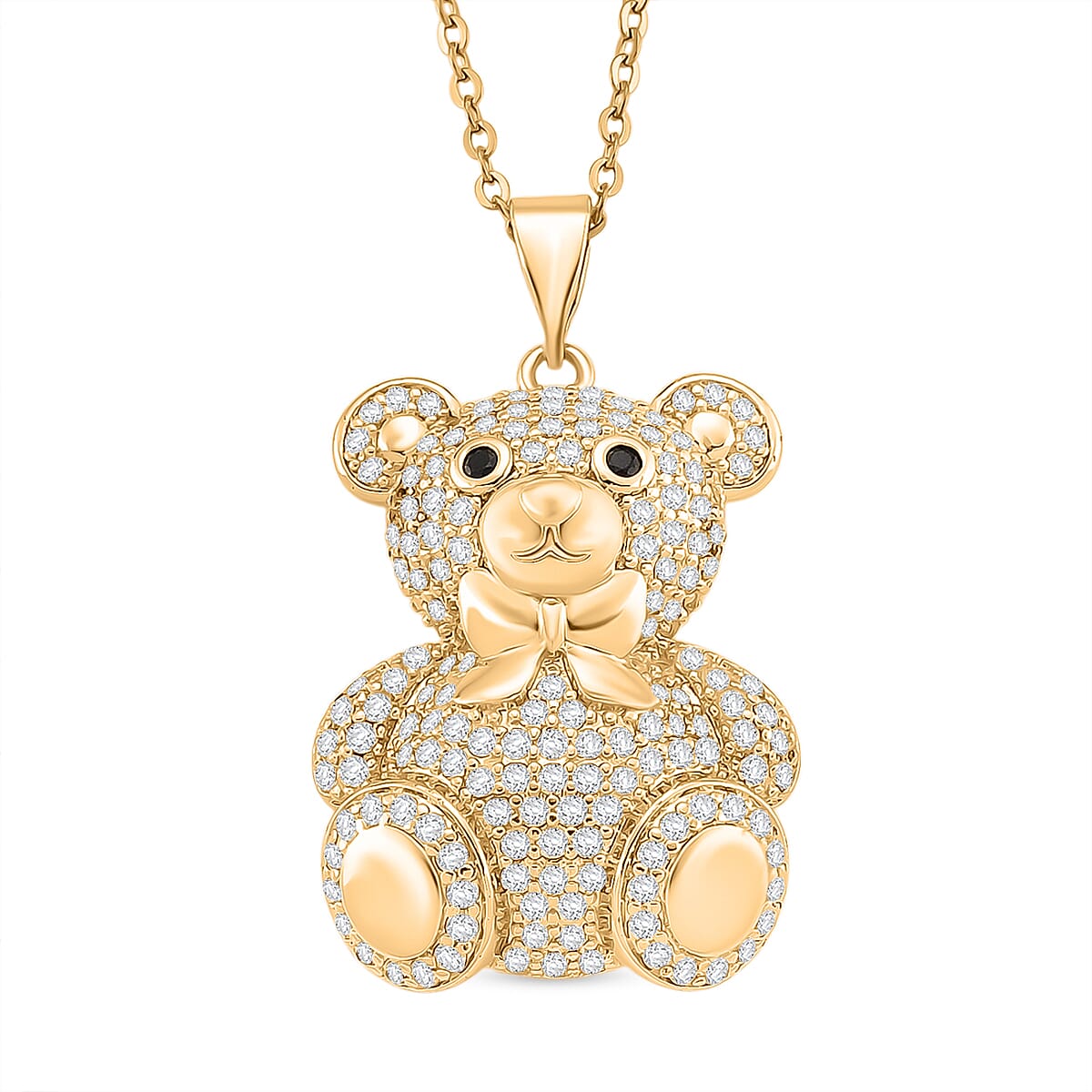 Designer Inspired-  Cubic Zirconia Teddy Bear Pendant with Chain (Size 20) in Yellow Gold Plated- White