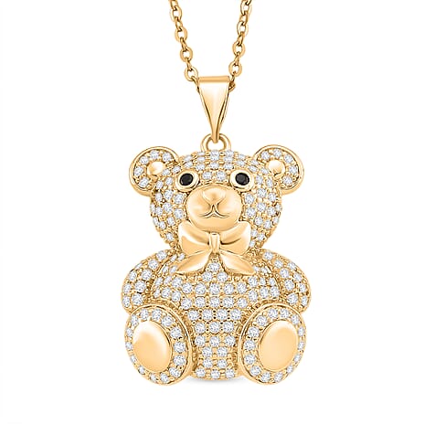 Designer Inspired-  Cubic Zirconia Teddy Bear Pendant with Chain (Size 20) in Yellow Gold Plated- White