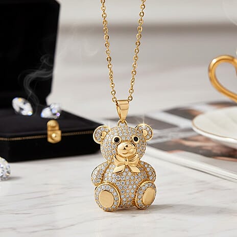 Designer Inspired-  Cubic Zirconia Teddy Bear Pendant with Chain (Size 20) in Yellow Gold Plated- White