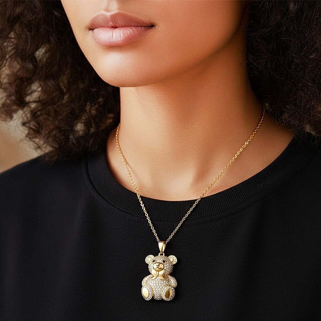 Designer Inspired-  Cubic Zirconia Teddy Bear Pendant with Chain (Size 20) in Yellow Gold Plated- White