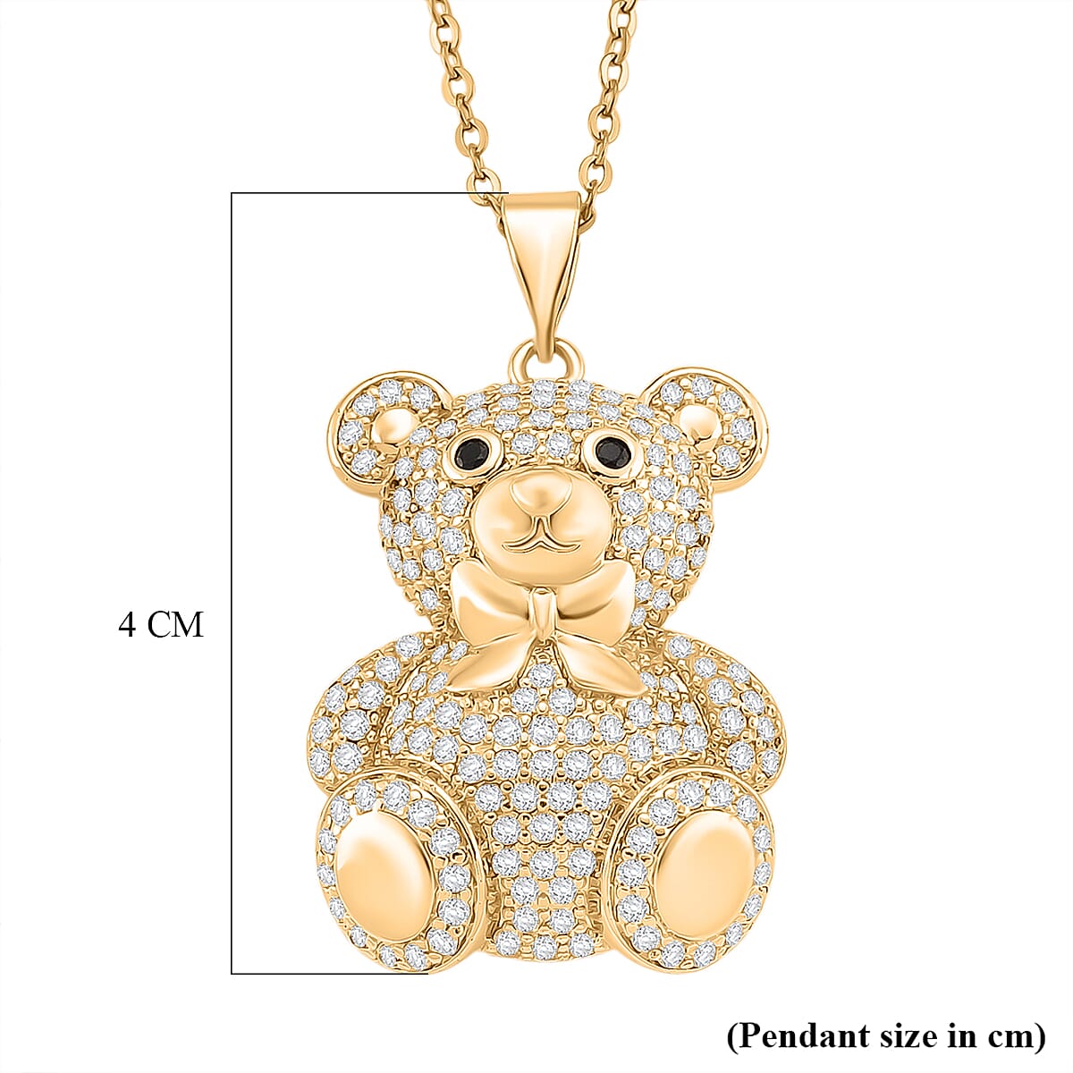 Designer Inspired-  Cubic Zirconia Teddy Bear Pendant with Chain (Size 20) in Yellow Gold Plated- White