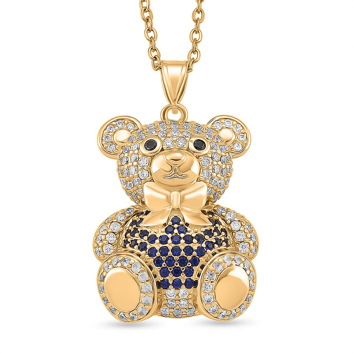 Designer Inspired-  Cubic Zirconia Teddy Bear Pendant with Chain (Size 20) in Yellow Gold Plated- Blue