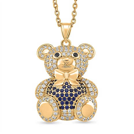 Designer Inspired-  Cubic Zirconia Teddy Bear Pendant with Chain (Size 20) in Yellow Gold Plated- Blue