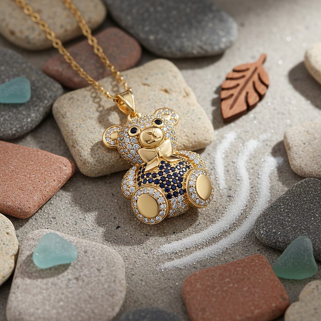 Designer Inspired-  Cubic Zirconia Teddy Bear Pendant with Chain (Size 20) in Yellow Gold Plated- Blue
