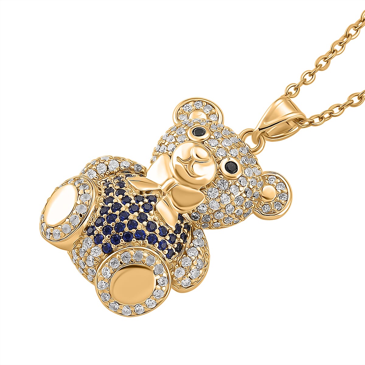 Designer Inspired-  Cubic Zirconia Teddy Bear Pendant with Chain (Size 20) in Yellow Gold Plated- Blue