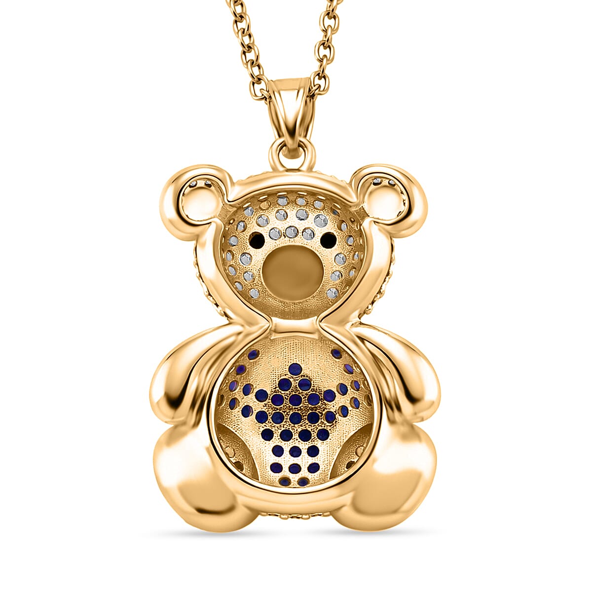 Designer Inspired-  Cubic Zirconia Teddy Bear Pendant with Chain (Size 20) in Yellow Gold Plated- Blue