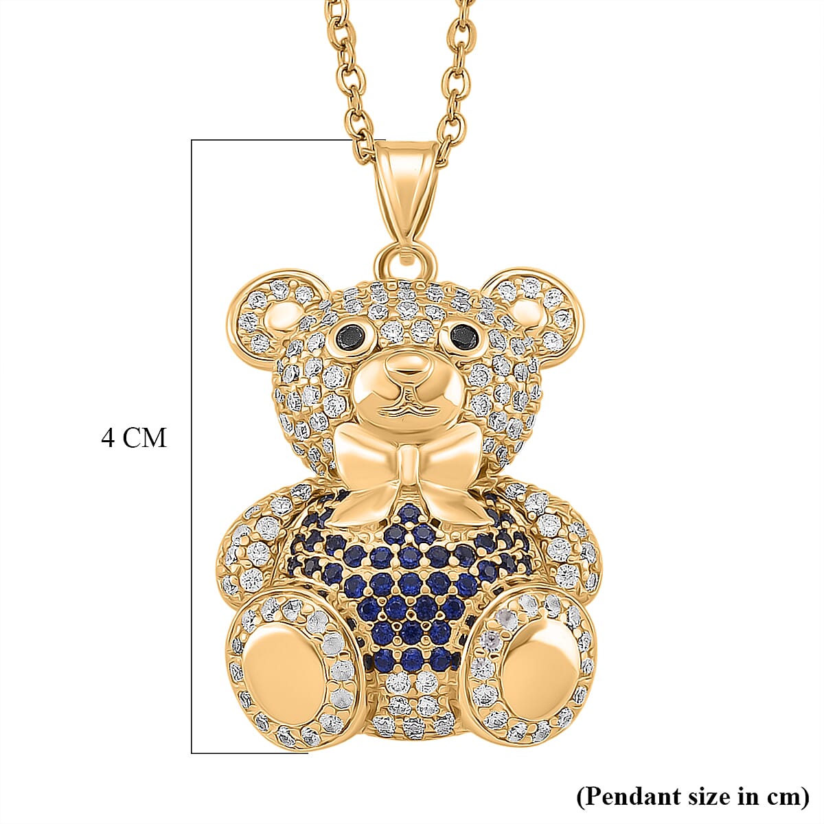 Designer Inspired-  Cubic Zirconia Teddy Bear Pendant with Chain (Size 20) in Yellow Gold Plated- Blue