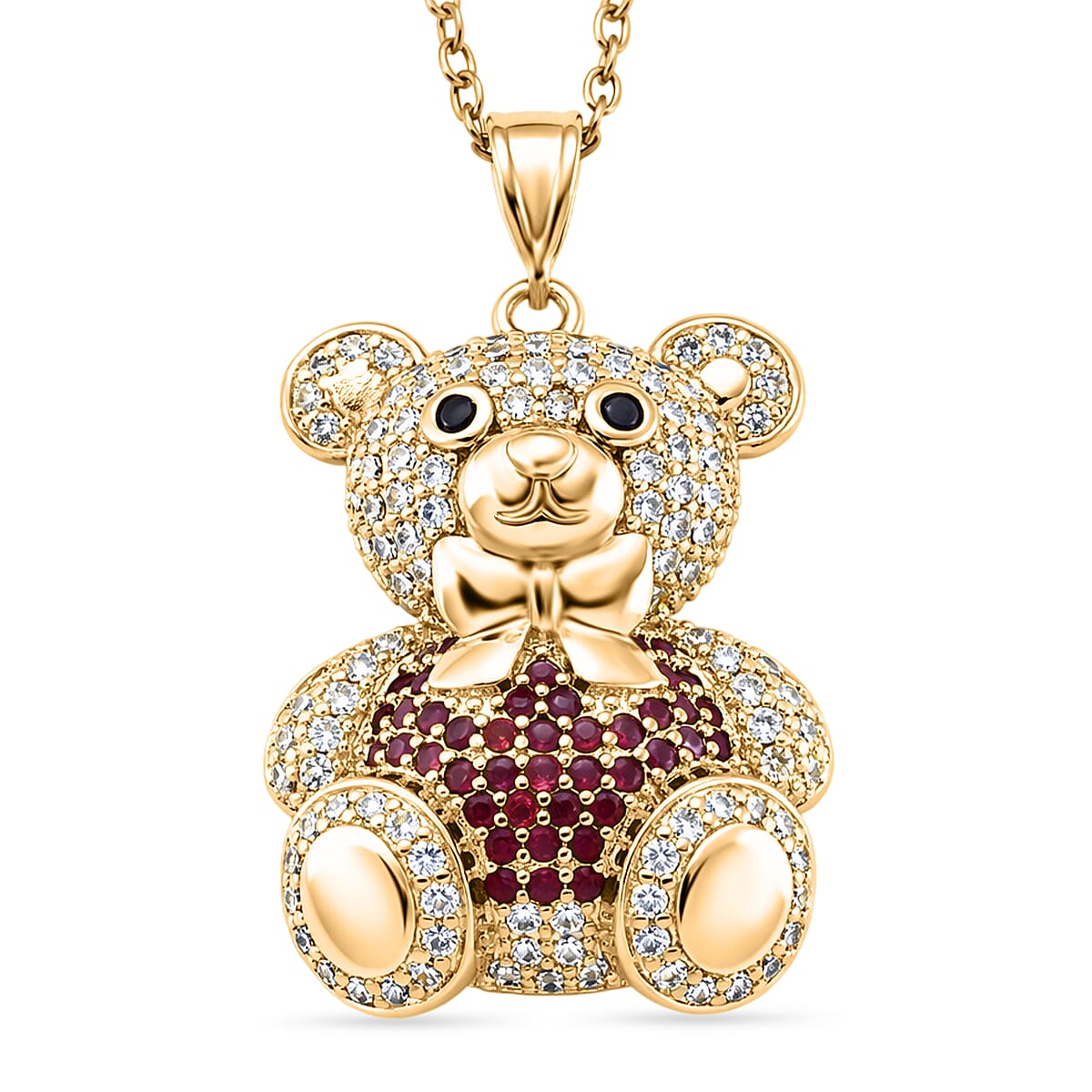 Designer Inspired-  Cubic Zirconia Teddy Bear Pendant with Chain (Size 20) in Yellow Gold Plated- Red