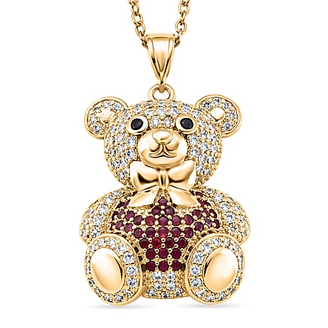 Designer Inspired-  Cubic Zirconia Teddy Bear Pendant with Chain (Size 20) in Yellow Gold Plated- Red