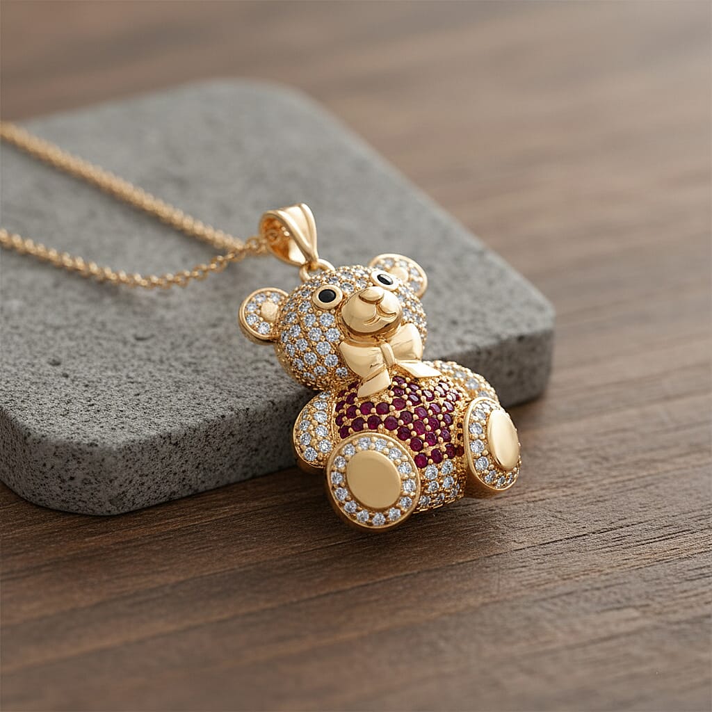 Designer Inspired-  Cubic Zirconia Teddy Bear Pendant with Chain (Size 20) in Yellow Gold Plated- Red
