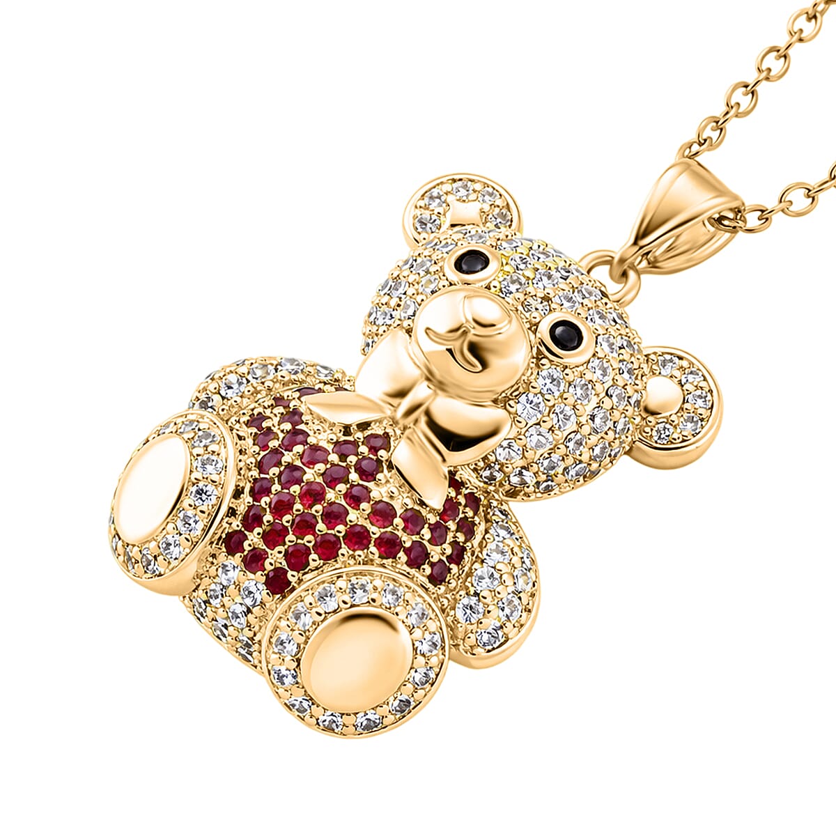 Designer Inspired-  Cubic Zirconia Teddy Bear Pendant with Chain (Size 20) in Yellow Gold Plated- Red