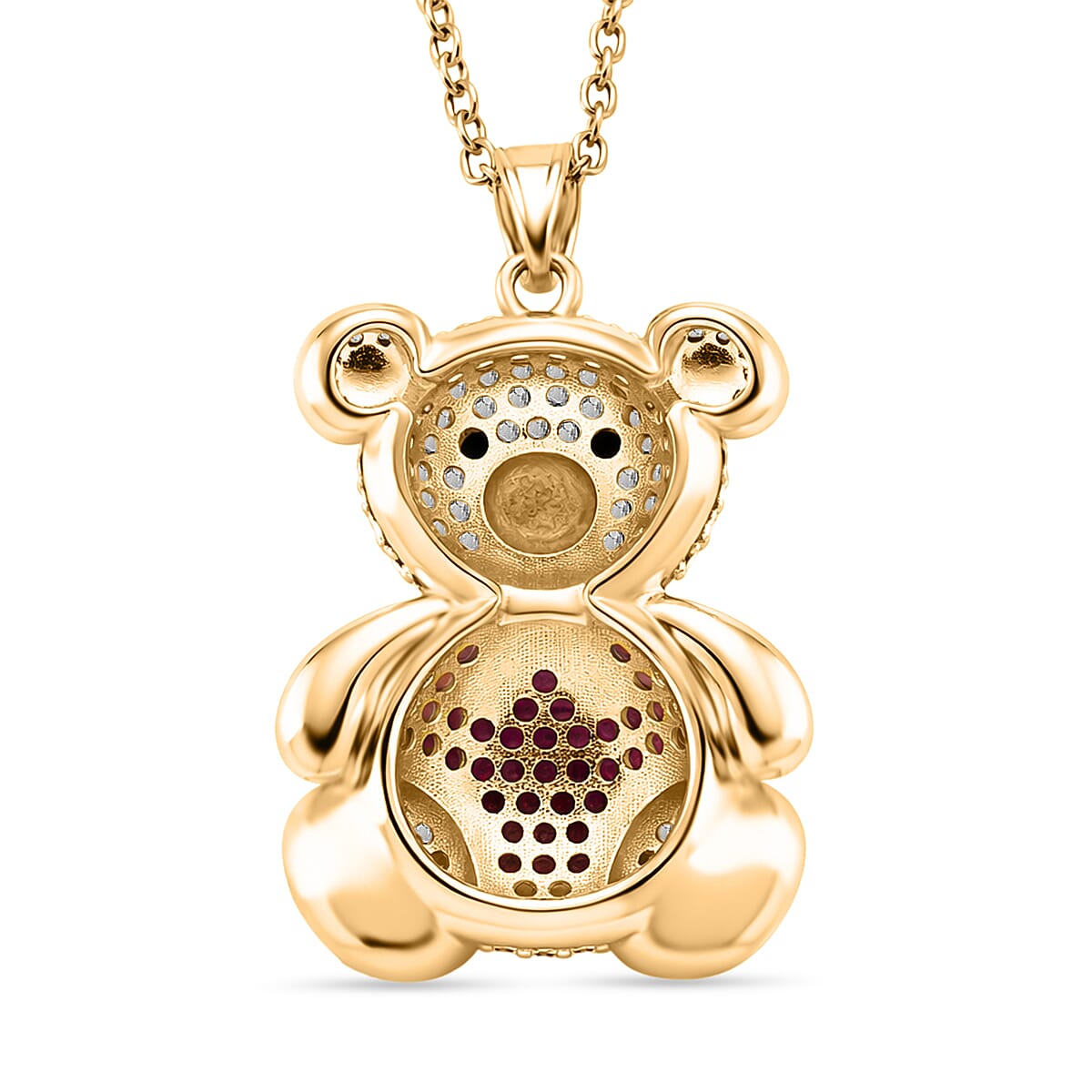 Designer Inspired-  Cubic Zirconia Teddy Bear Pendant with Chain (Size 20) in Yellow Gold Plated- Red