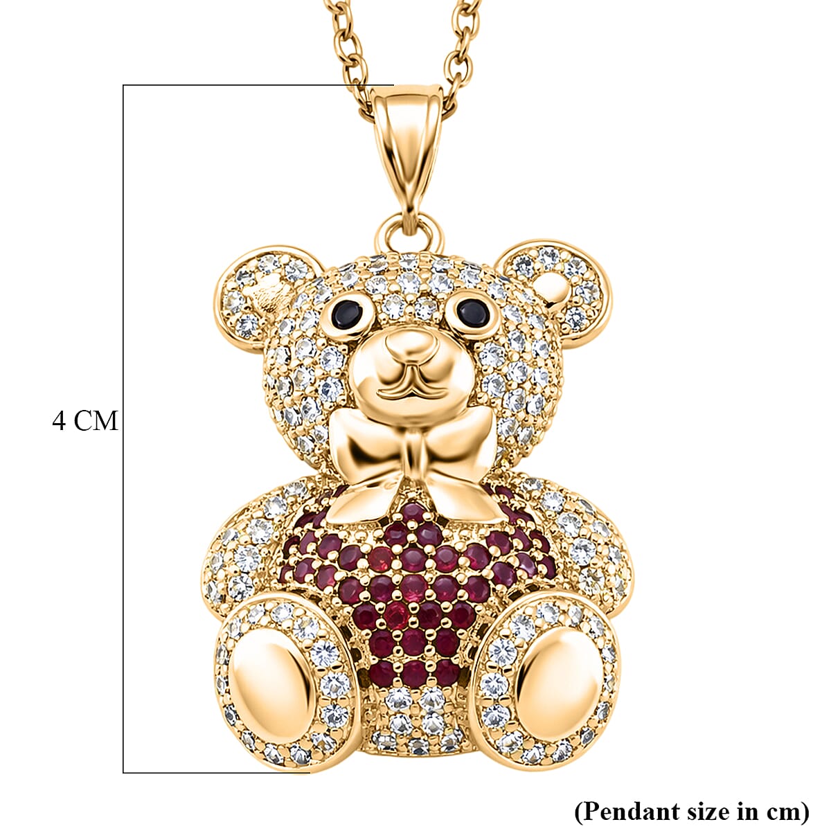 Designer Inspired-  Cubic Zirconia Teddy Bear Pendant with Chain (Size 20) in Yellow Gold Plated- Red