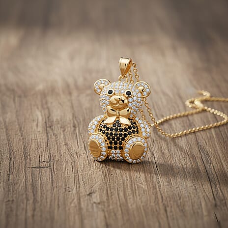 Designer Inspired-  Cubic Zirconia Teddy Bear Pendant with Chain (Size 20) in Yellow Gold Plated- Black