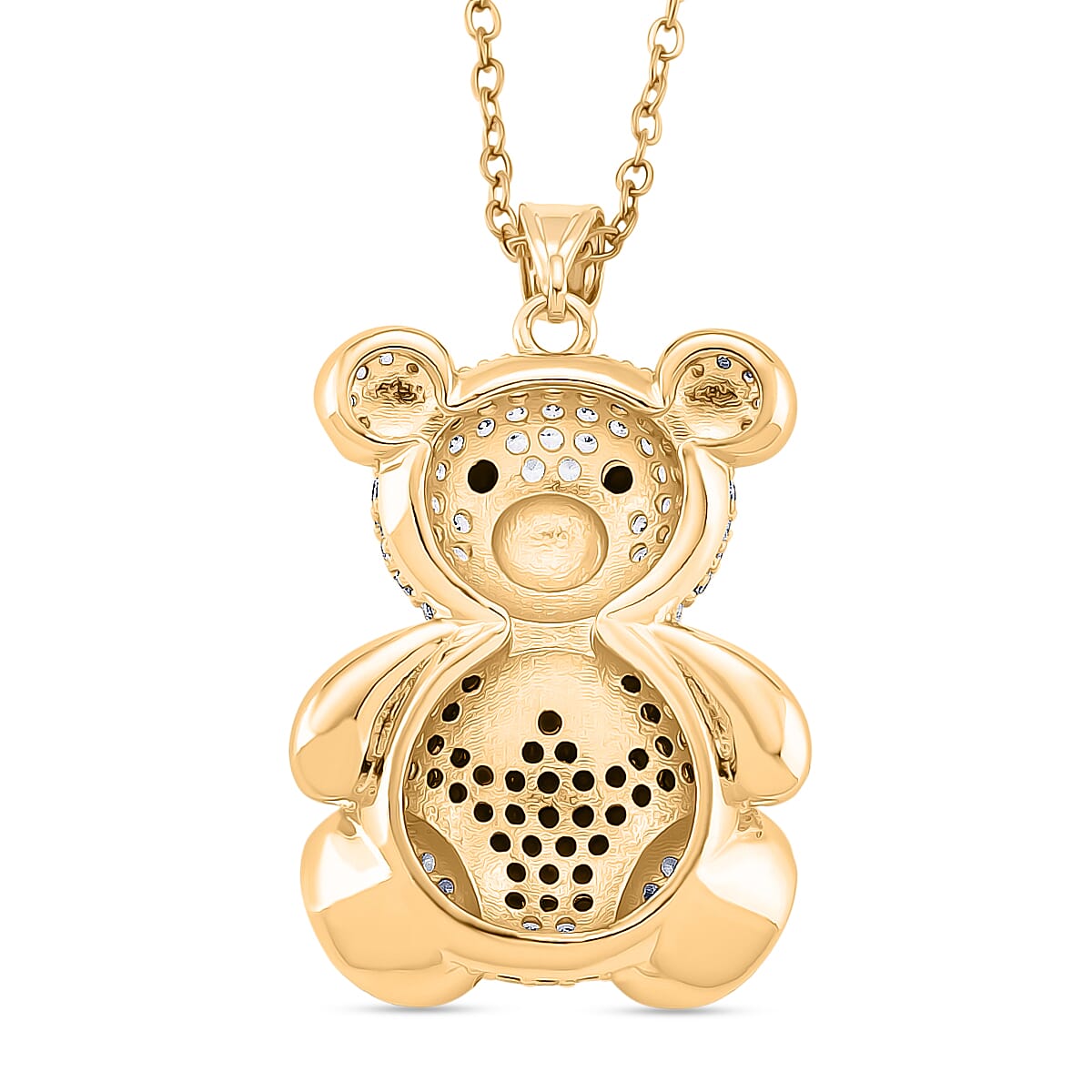 Designer Inspired-  Cubic Zirconia Teddy Bear Pendant with Chain (Size 20) in Yellow Gold Plated- Black