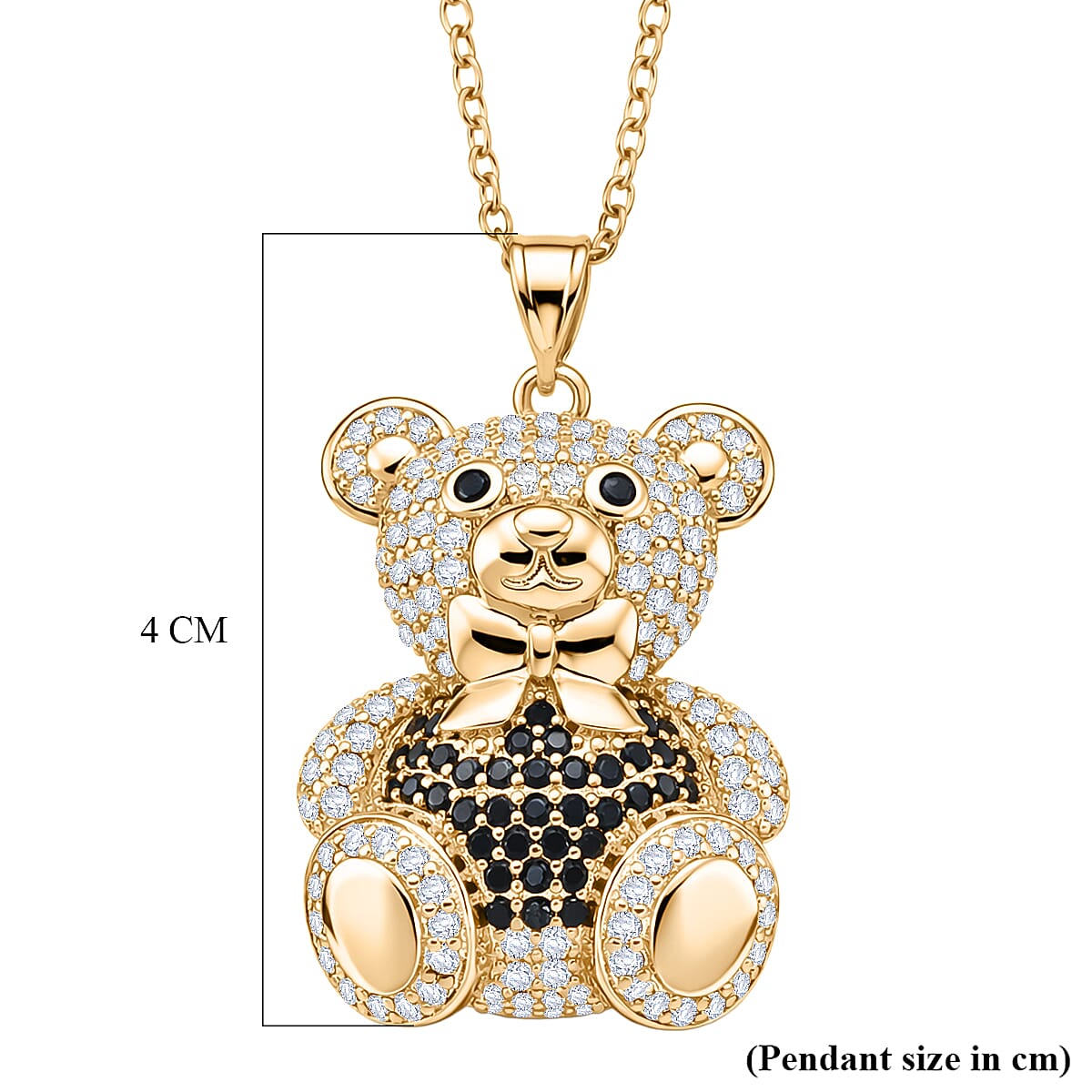 Designer Inspired-  Cubic Zirconia Teddy Bear Pendant with Chain (Size 20) in Yellow Gold Plated- Black