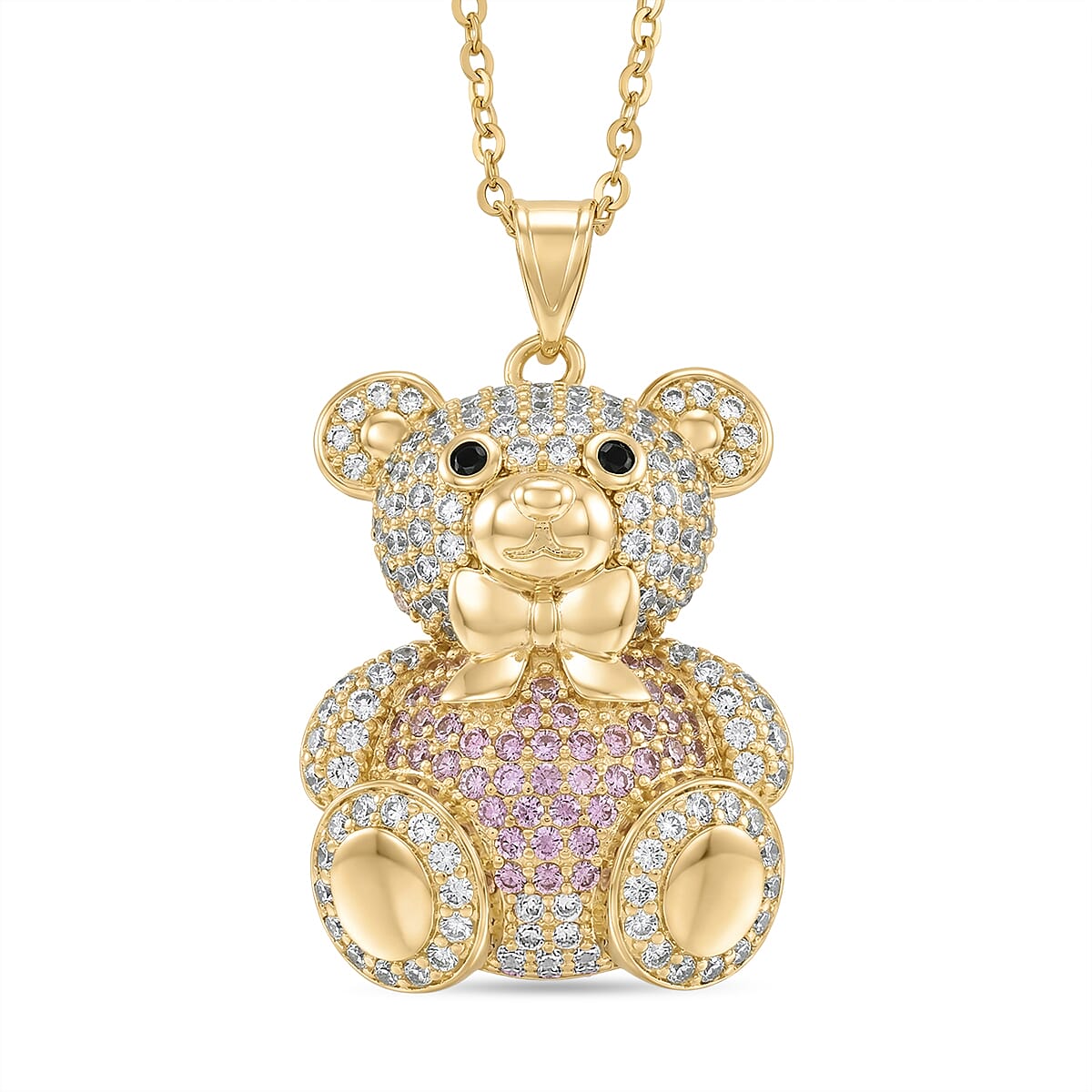 Multi Colour Cubic Zirconia Teddy Bear Pendant with Chain (Size 20) in Yellow Gold Tone 2 Ct.