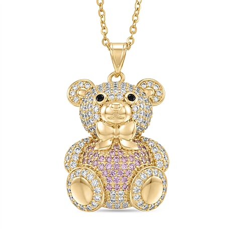 Multi Colour Cubic Zirconia Teddy Bear Pendant with Chain (Size 20) in Yellow Gold Tone 2 Ct.