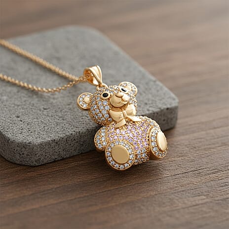 Designer Inspired-  Cubic Zirconia Teddy Bear Pendant with Chain (Size 20) in Yellow Gold Plated- Pink
