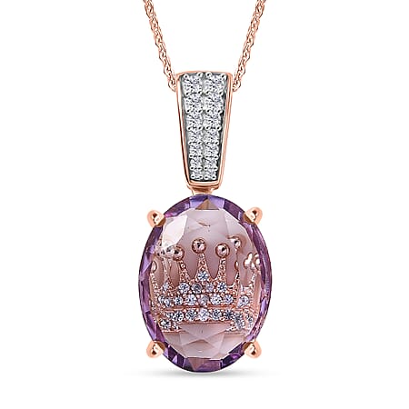 GP - Royal Collection - Rose De France Amethyst, White Zircon & Blue Sapphire Pendant with Chain (Size 20) in 18K Vermeil Rose Gold Plated Sterling Silver 6.70 Ct.
