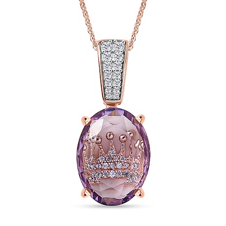 GP - Royal Collection - Rose De France Amethyst, White Zircon & Blue Sapphire Pendant with Chain (Size 20) in 18K Vermeil Rose Gold Plated Sterling Silver 10.60 Ct.