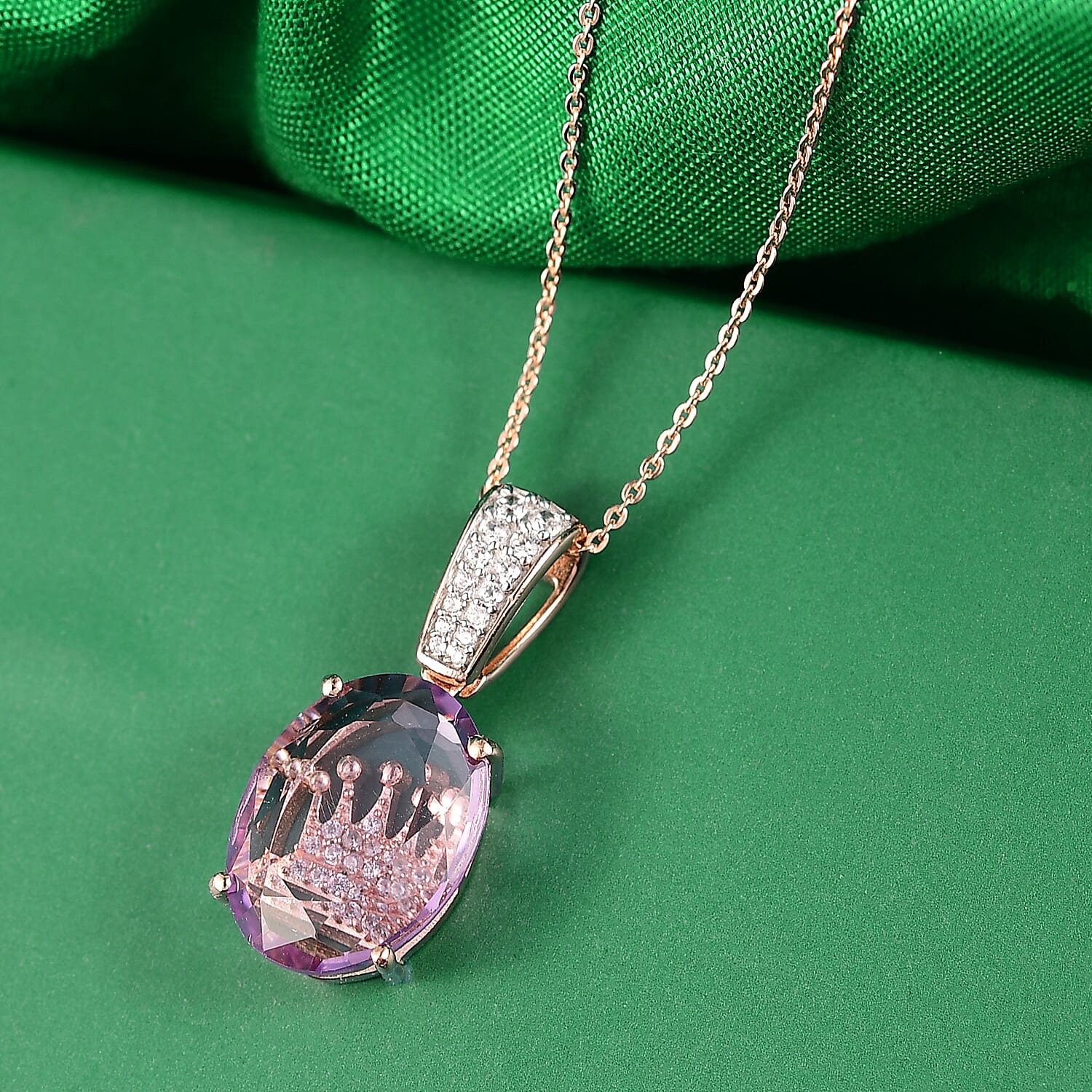 GP - Royal Collection - Rose De France Amethyst, White Zircon & Blue Sapphire Pendant with Chain (Size 20) in 18K Vermeil Rose Gold Plated Sterling Silver 10.60 Ct.
