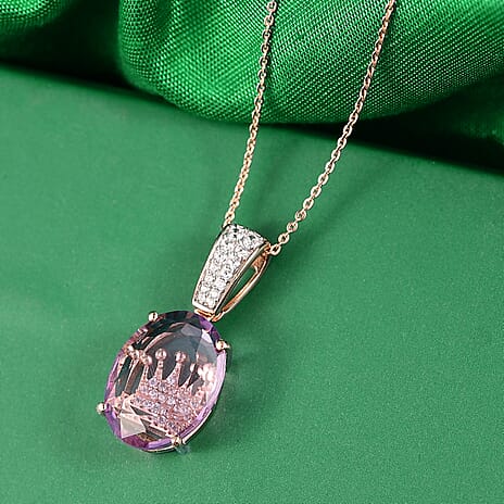 GP - Royal Collection - Rose De France Amethyst, White Zircon & Blue Sapphire Pendant with Chain (Size 20) in 18K Vermeil Rose Gold Plated Sterling Silver 6.70 Ct.