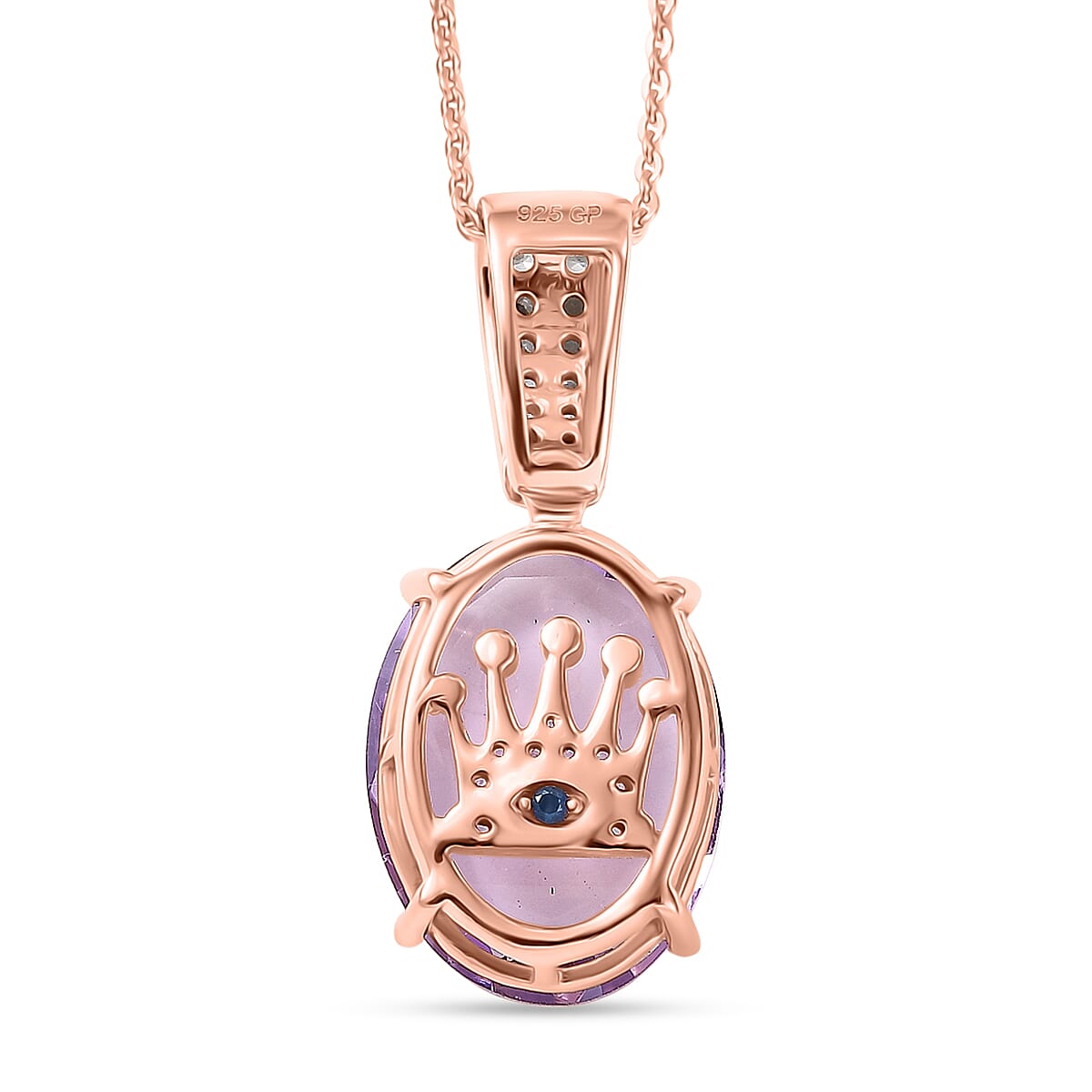 GP - Royal Collection - Rose De France Amethyst, White Zircon & Blue Sapphire Pendant with Chain (Size 20) in 18K Vermeil Rose Gold Plated Sterling Silver 10.60 Ct.