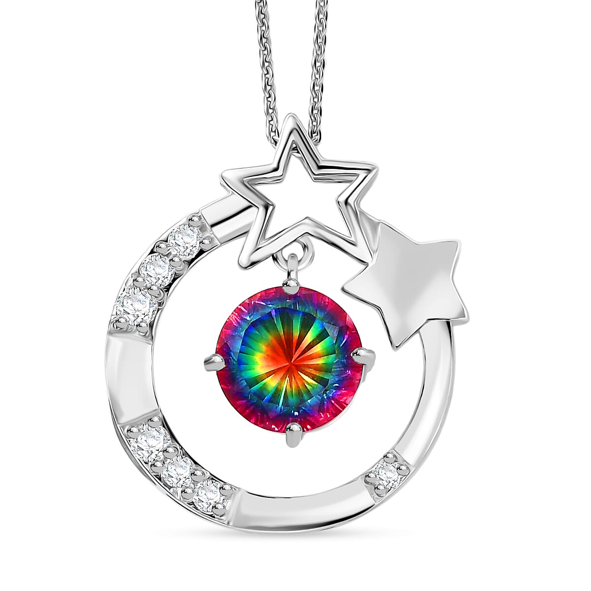 D'Joy Nebula Quartz Doublet & White Zircon Pendant with Chain (Size 20) in Platinum Overlay Sterling Silver 4.00 Ct.