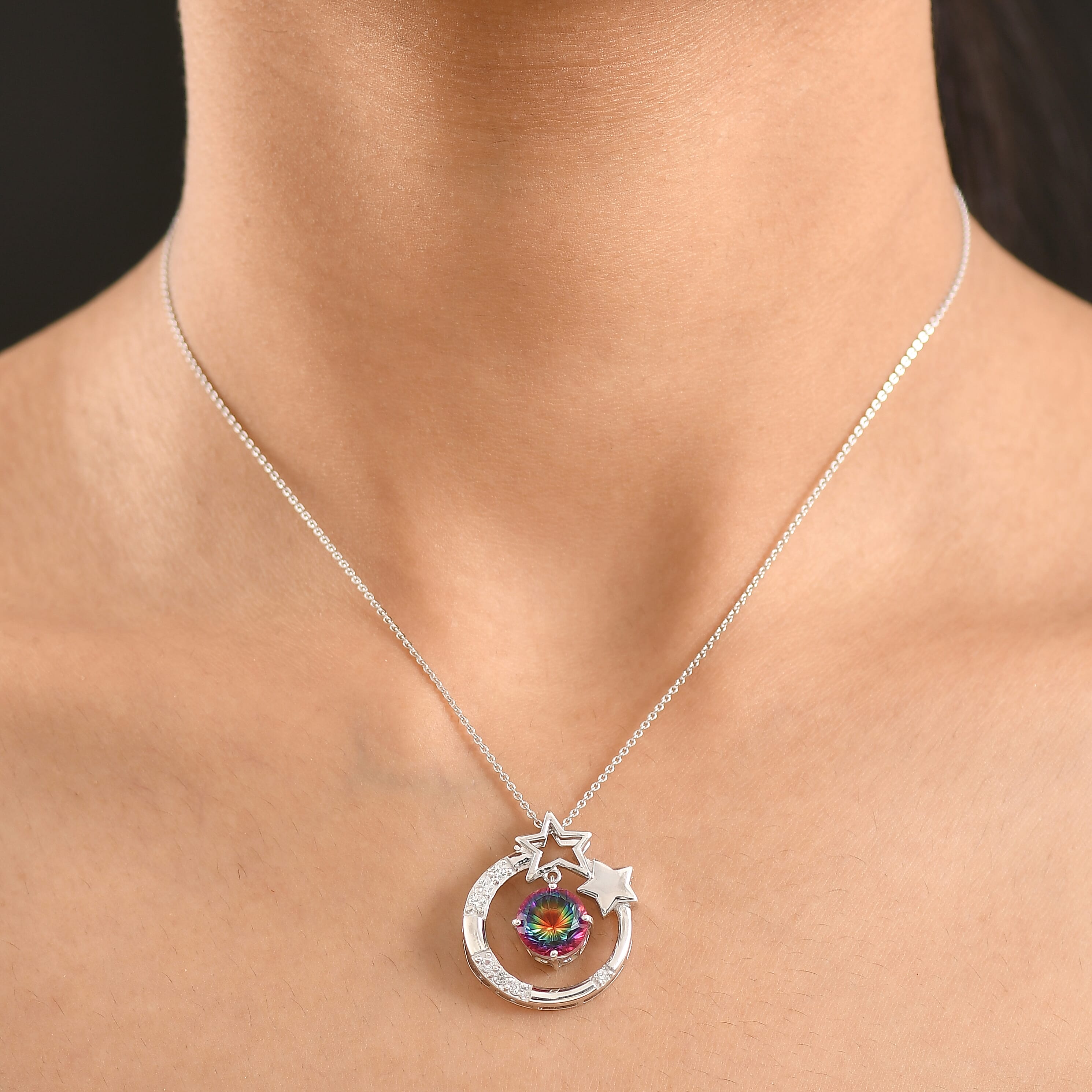 D'Joy Nebula Quartz Doublet & White Zircon Pendant with Chain (Size 20) in Platinum Overlay Sterling Silver 4.00 Ct.