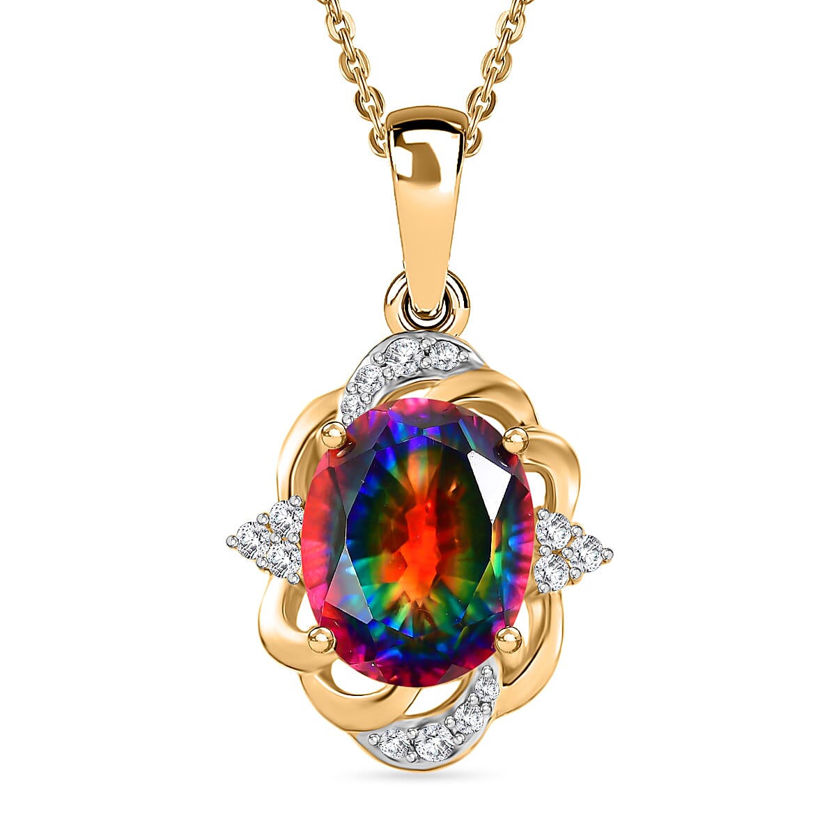 D'Joy Nebula Quartz Doublet & White Zircon Pendant with Chain (Size 20) in 18K Yellow Gold Plated Sterling Silver 3.70 Ct.