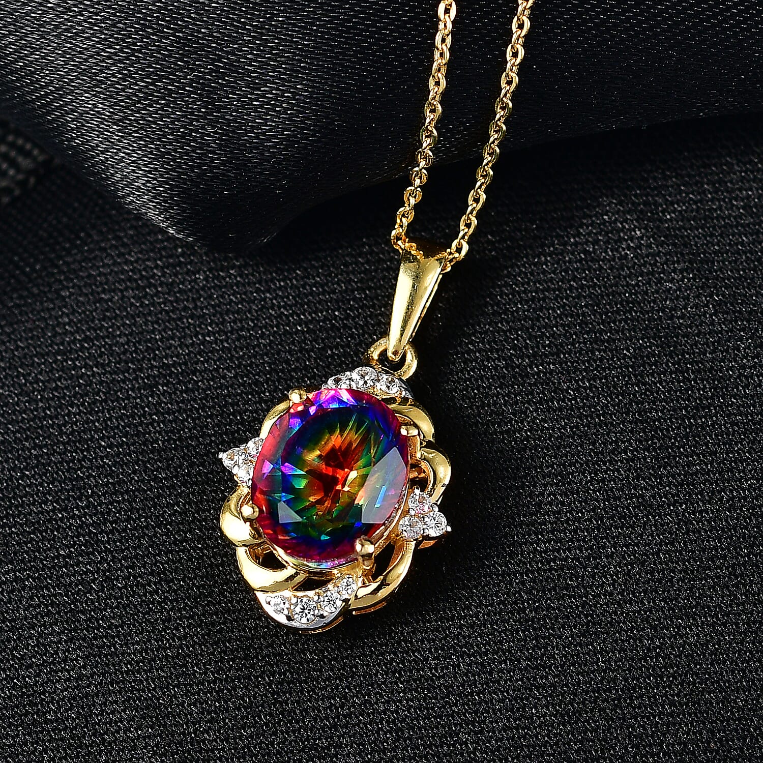 D'Joy Nebula Quartz Doublet & White Zircon Pendant with Chain (Size 20) in 18K Yellow Gold Plated Sterling Silver 3.70 Ct.