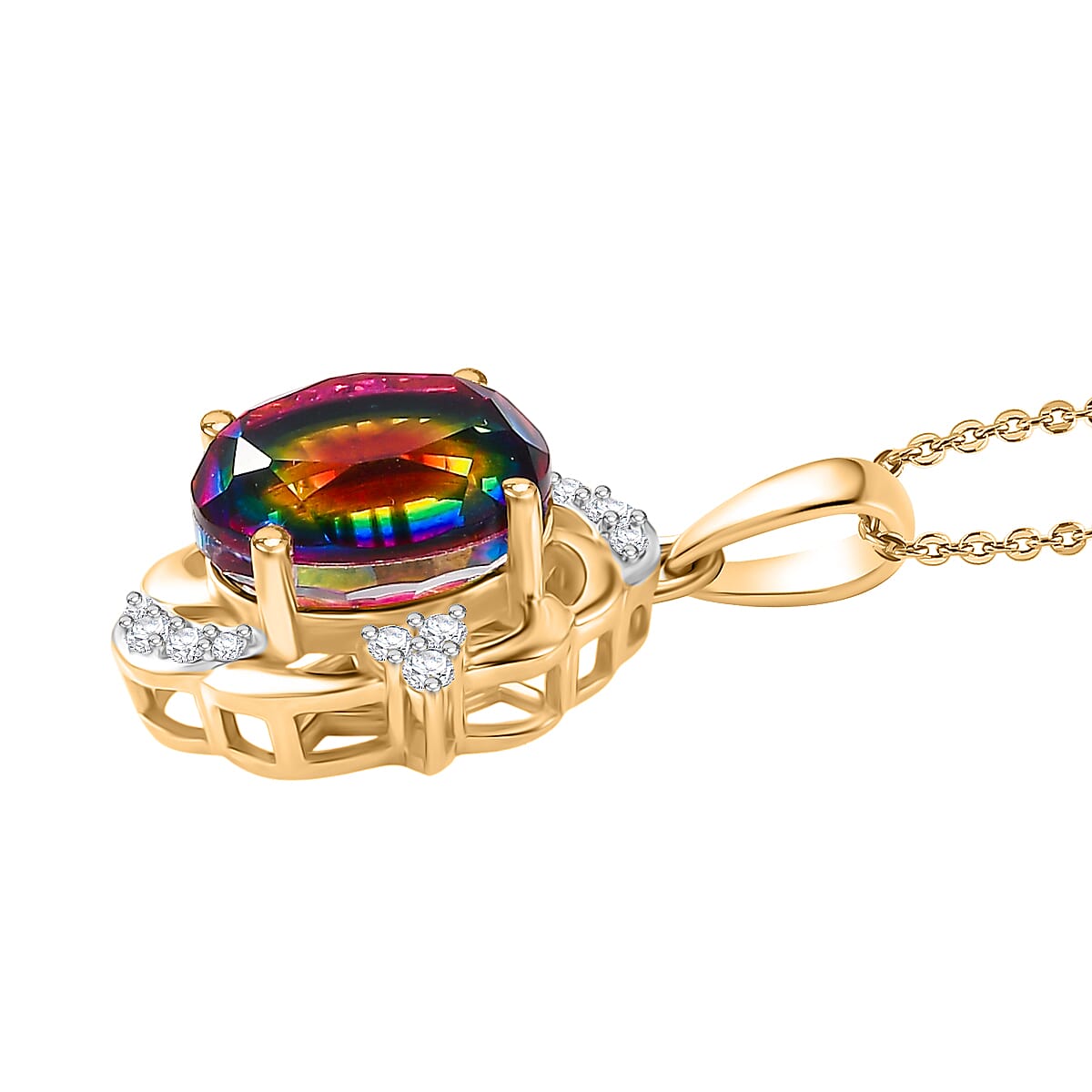 D'Joy Nebula Quartz Doublet & White Zircon Pendant with Chain (Size 20) in 18K Yellow Gold Plated Sterling Silver 3.70 Ct.