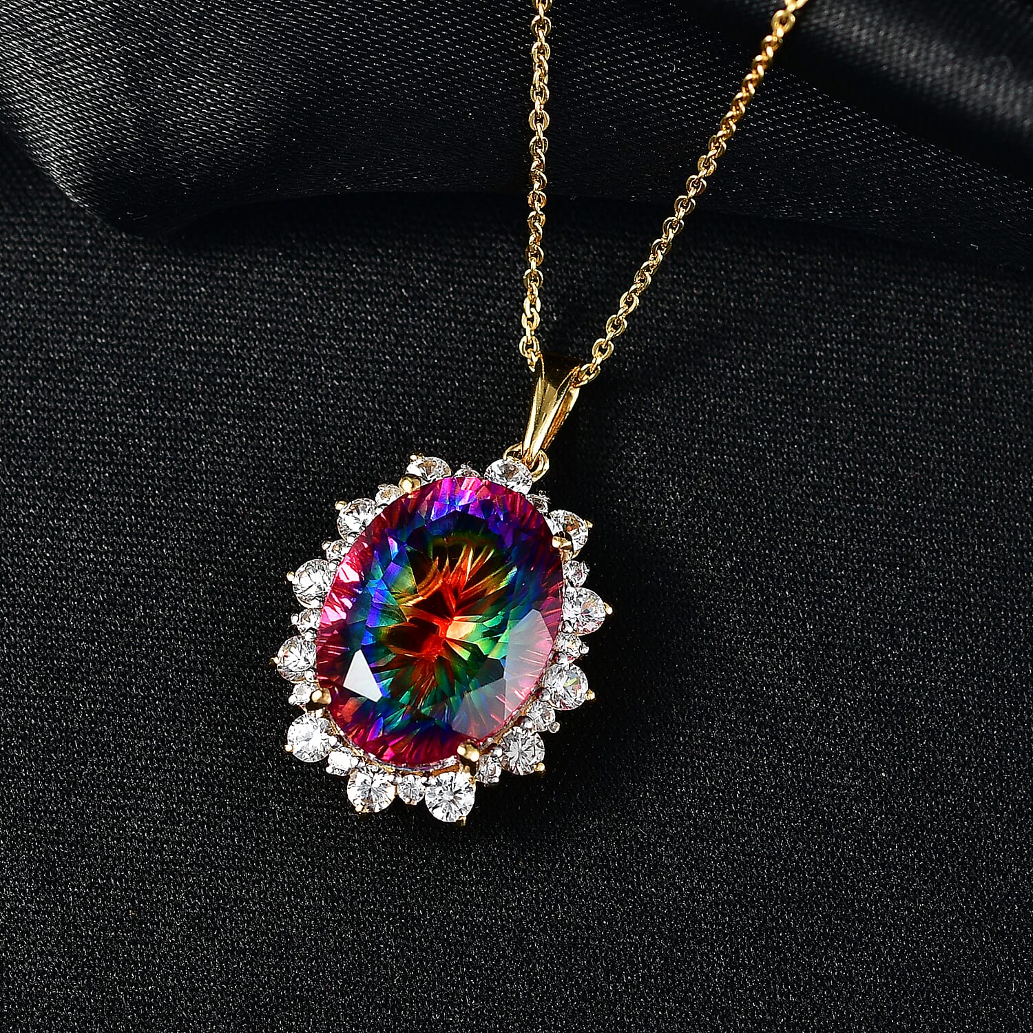 Nebula Quartz Doublet & White Zircon Pendant with Chain (Size 20) in 18K Vermeil Yellow Gold Plated Sterling Silver 11.70 Ct.