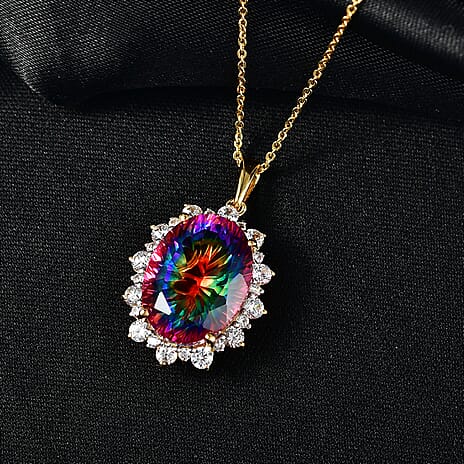 D'Joy - Nebula Quartz Doublet & White Zircon Pendant with Chain (Size 20) in 18K Vermeil Yellow Gold Plated Sterling Silver 11.70 Ct.