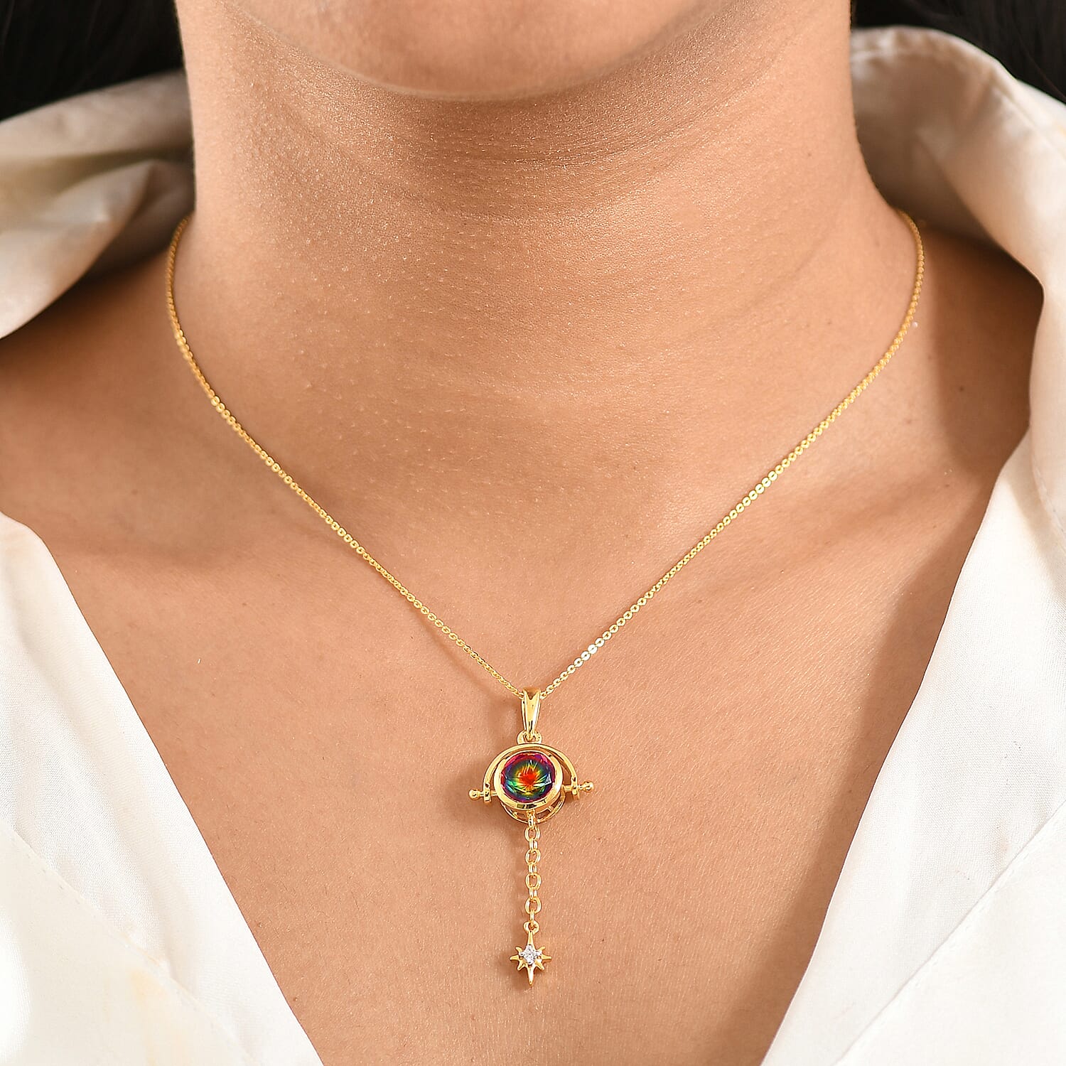 D'Joy Nebula Quartz Doublet & White Zircon Pendant with Chain (Size 20) in Yellow Gold Plated Sterling Silver 2.46 Ct.
