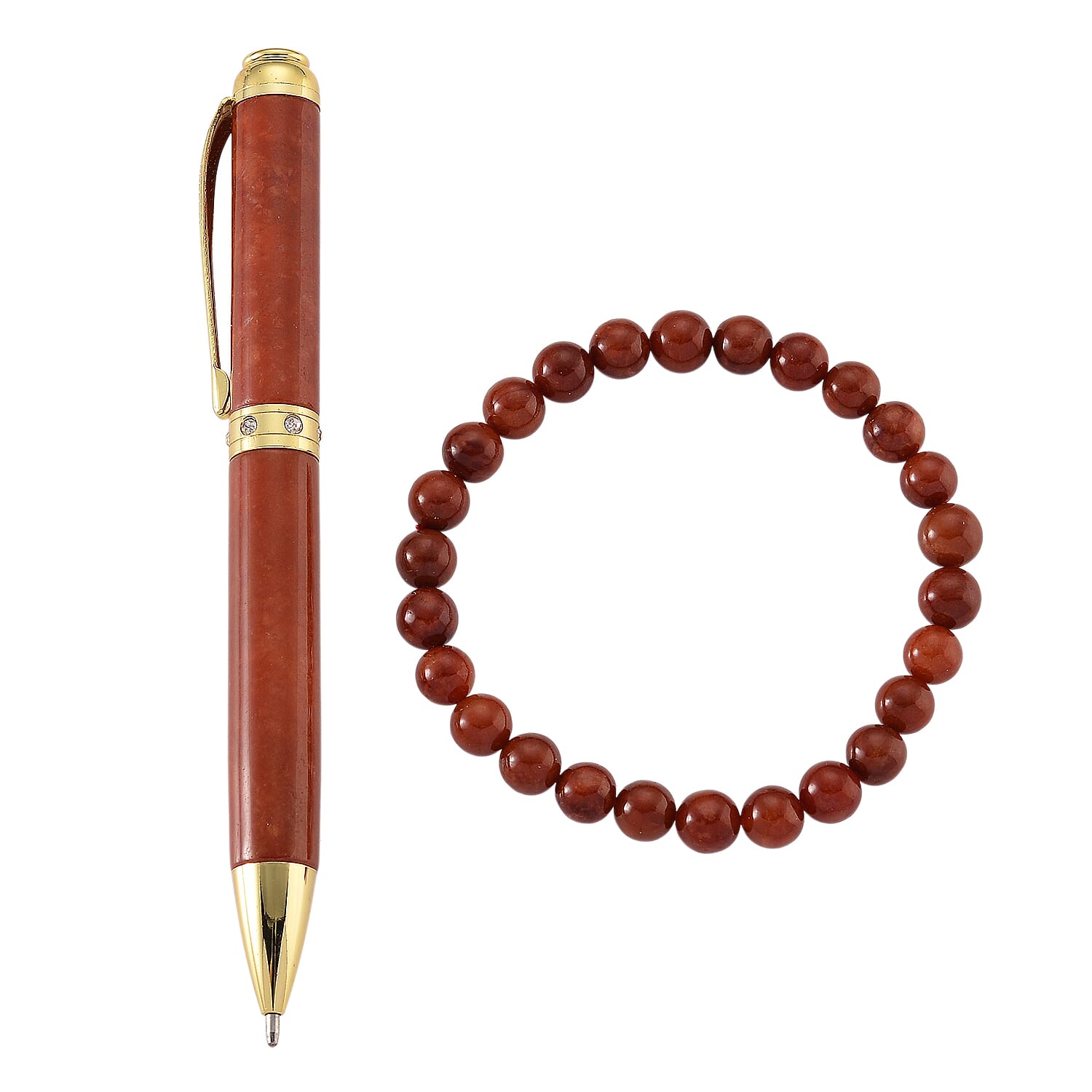 2 Piece Set - Red Jade & White Glass Stone Bracelet (Size 7.5) & Red Pen in Yellow Gold Plated 301.00 Ct.