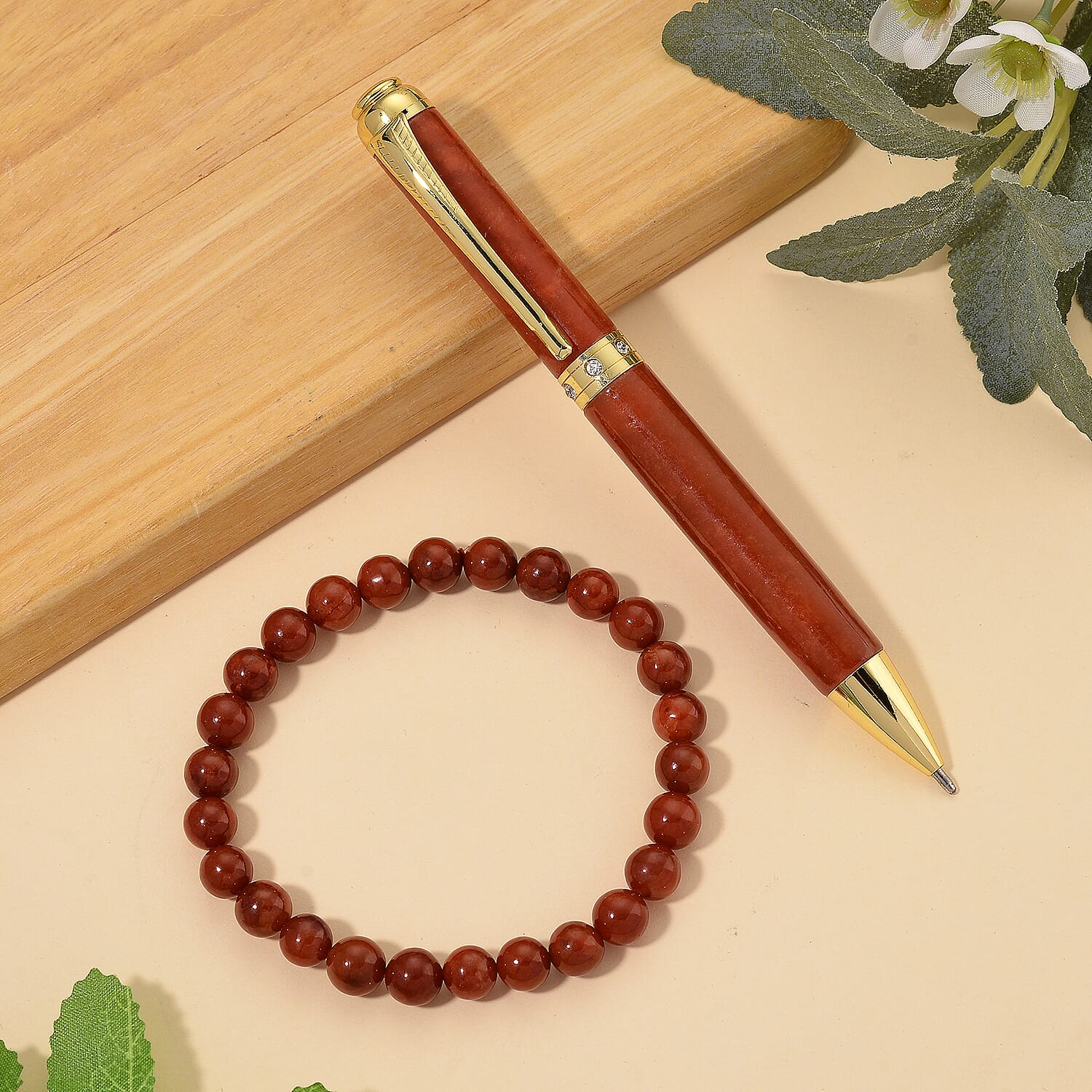 2 Piece Set - Red Jade & White Glass Stone Bracelet (Size 7.5) & Red Pen in Yellow Gold Plated 301.00 Ct.
