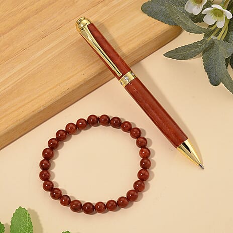 2 Piece Set - Red Jade & White Glass Stone Bracelet (Size 7.5) & Red Pen in Yellow Gold Plated 301.00 Ct.
