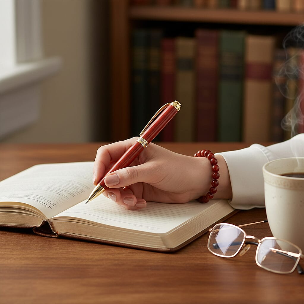 2 Piece Set - Red Jade & White Glass Stone Bracelet (Size 7.5) & Red Pen in Yellow Gold Plated 301.00 Ct.