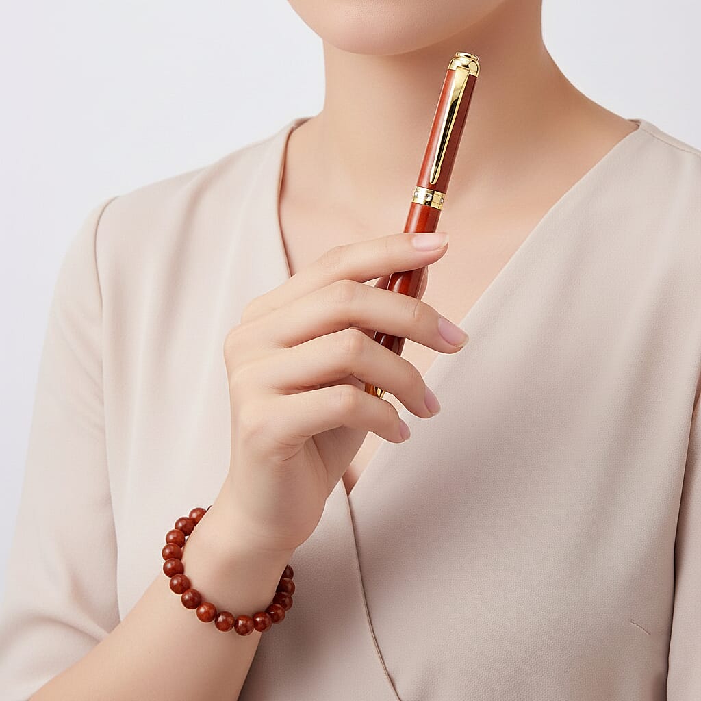 2 Piece Set - Red Jade & White Glass Stone Bracelet (Size 7.5) & Red Pen in Yellow Gold Plated 301.00 Ct.