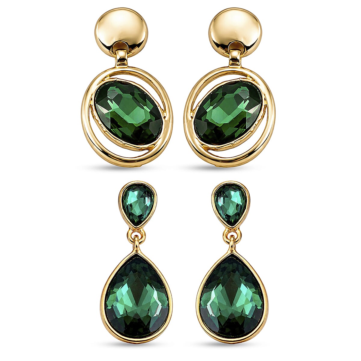 Set of 2 - Green Crystal Pear Dangling Earring with Push Back in Yellow Gold Tone